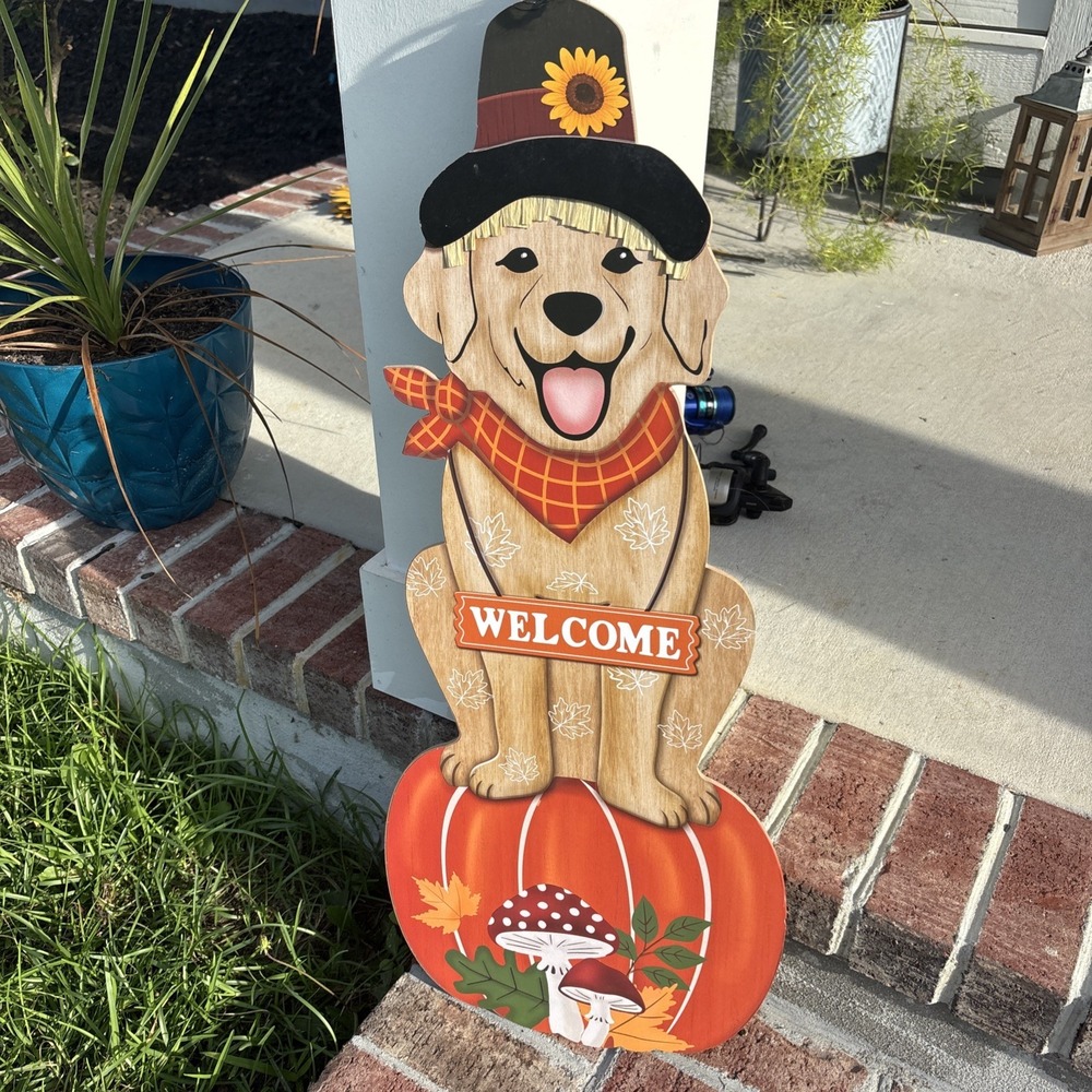 Autumn/Fall Golden Retriever & Pumpkin Mushrooms WELCOME Wooden Door Porch Sign